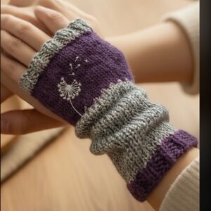 Elegant Purple and Gray Knit Fingerless Gloves